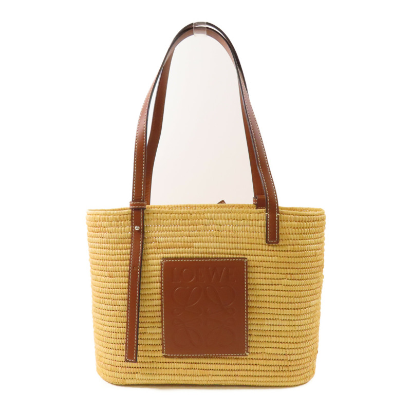LOEWE 皮革/Straw Square Basket銀扣肩背袋-0