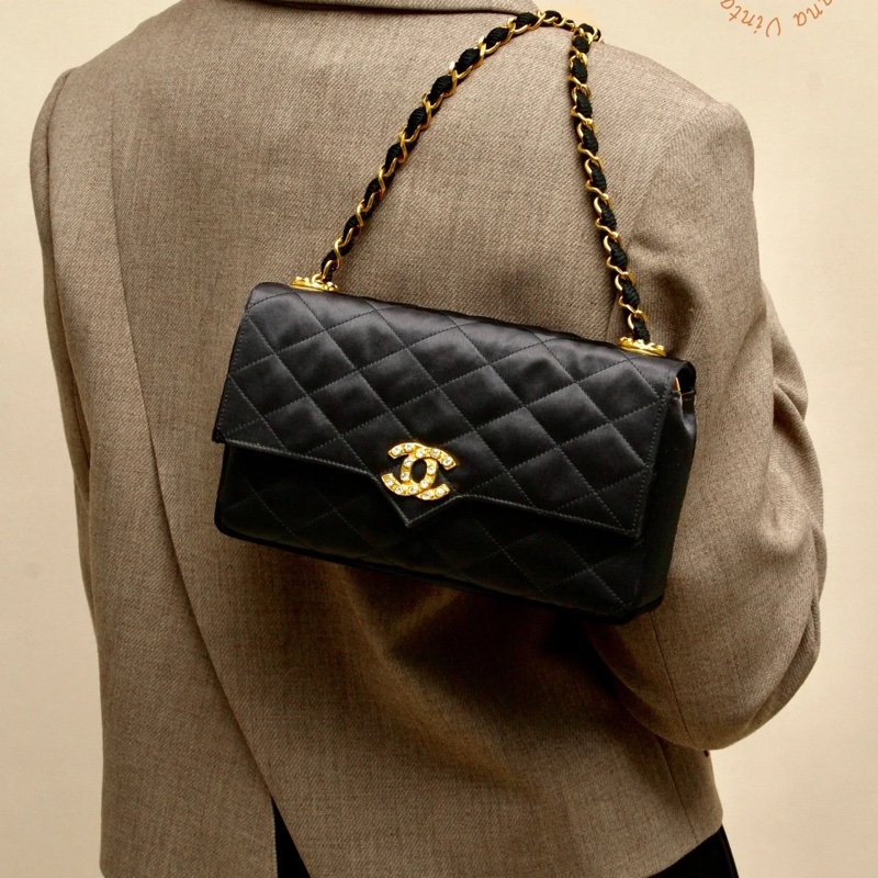 Chanel Vintage #鑽扣黑金 鏈條包 肩背包/斜背包-32