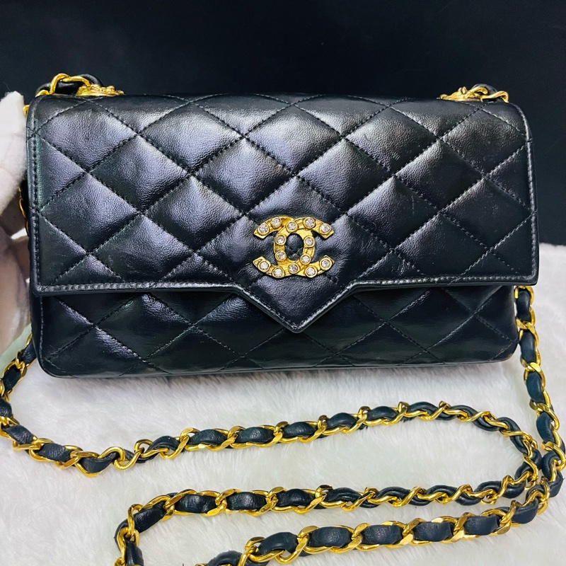 Chanel Vintage #鑽扣黑金 鏈條包 肩背包/斜背包-45