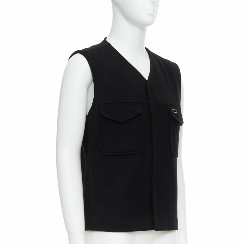 MAISON MARGIELA black wool blend oval grommet pocket vest IT46 S-2