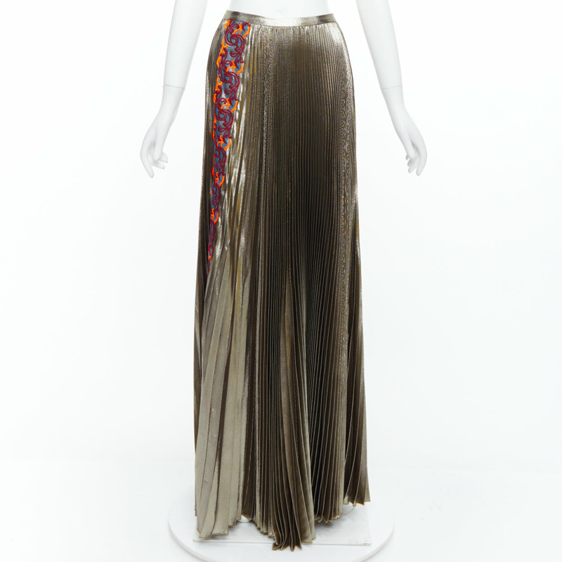VERSACE 2017 metallic gold silk-lame baroque trim pleated full skirt IT42 M-0