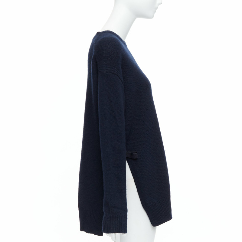 PRADA 2016 navy wool cashmere ribbon tie side crew neck sweater IT42 M-3