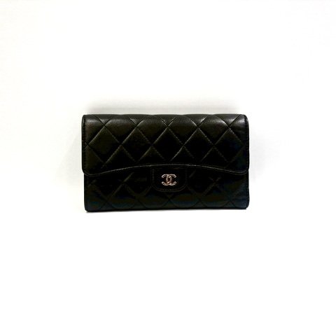 CHANEL皮夾 黑羊皮銀釦下蓋三折長夾A31506-0