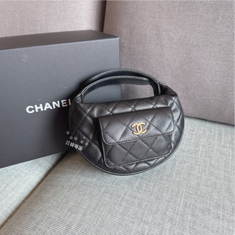CHANEL 荔枝牛皮黑金呼拉圈手挽包