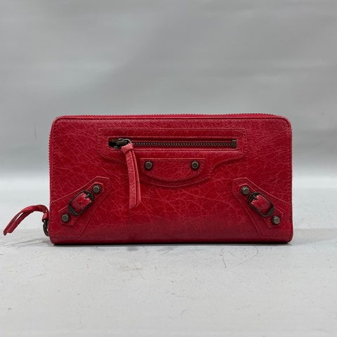 Balenciaga 253036紅色水洗皮卯釘機車拉鍊長夾