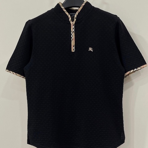 BURBERRY GOLF 經典格紋滾邊拉鍊戰馬立領上衣 黑色
