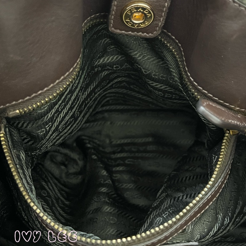 PRADA Tessuto 綠色 咖啡色皮革 尼龍 肩背包 二手精品-7
