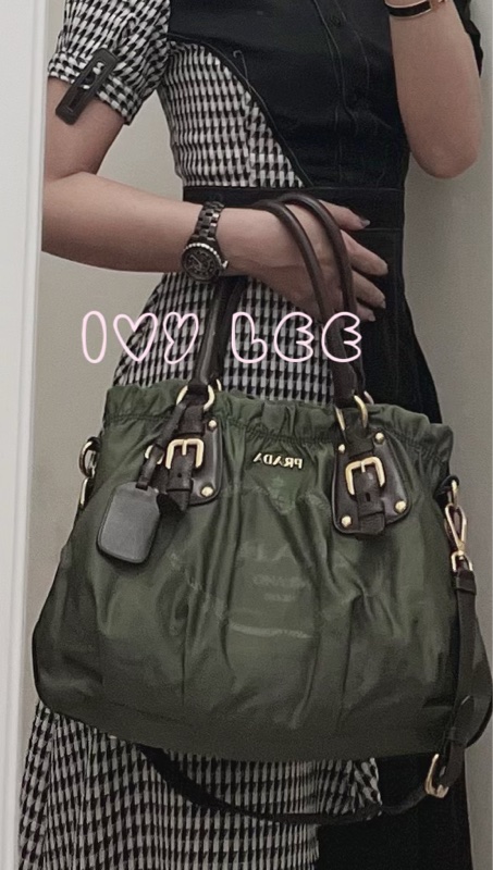 PRADA Tessuto 綠色 咖啡色皮革 尼龍 肩背包 二手精品-36
