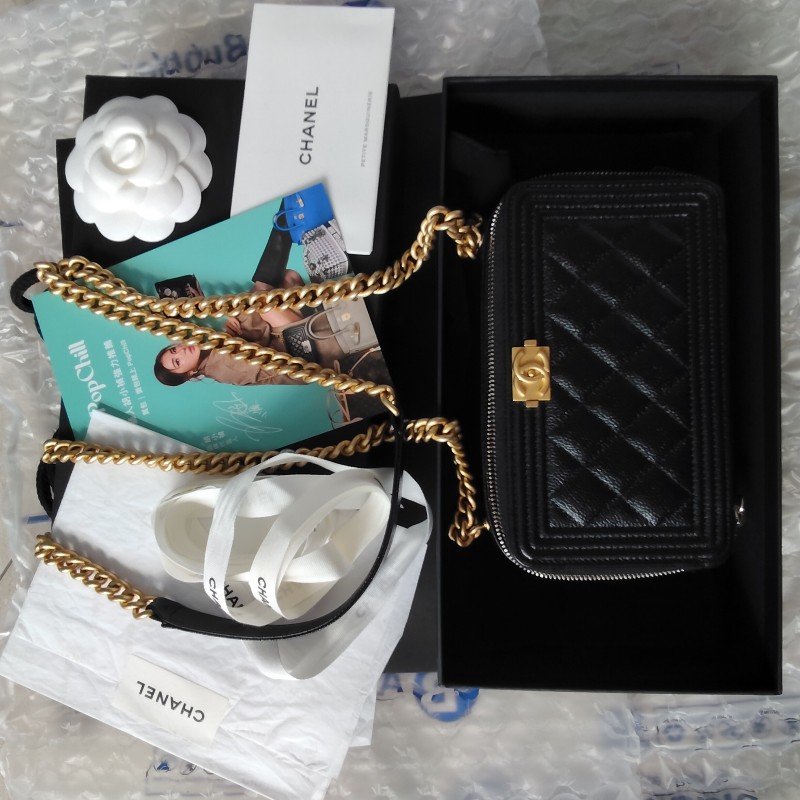 (近全新)香奈兒 Chanel leboy box WOC,黑金荔枝皮小盒子鍊袋包-34