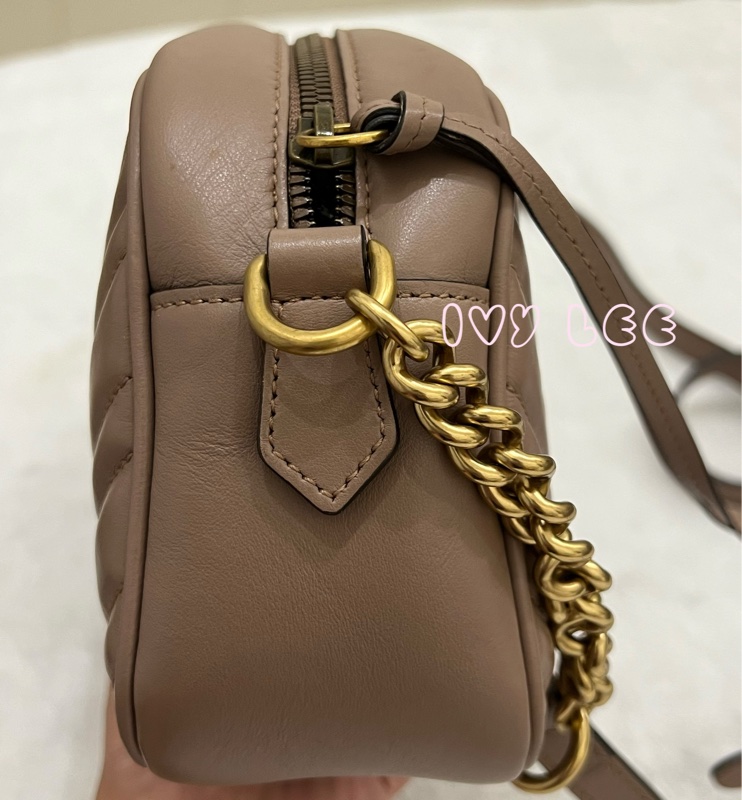 GUCCI 古馳 藕粉色 膚色 牛皮 GG Marmont 肩背包 斜背包 相機包 447632 二手精品-5