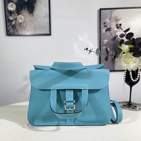 💓🎠 HERMES/愛馬仕Halzan天空藍Togo皮銀扣T刻
