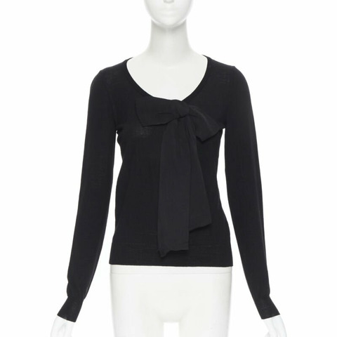 LANVIN Elbaz 2008 100% fleece wool black signature grosgrain ribbon sweater S