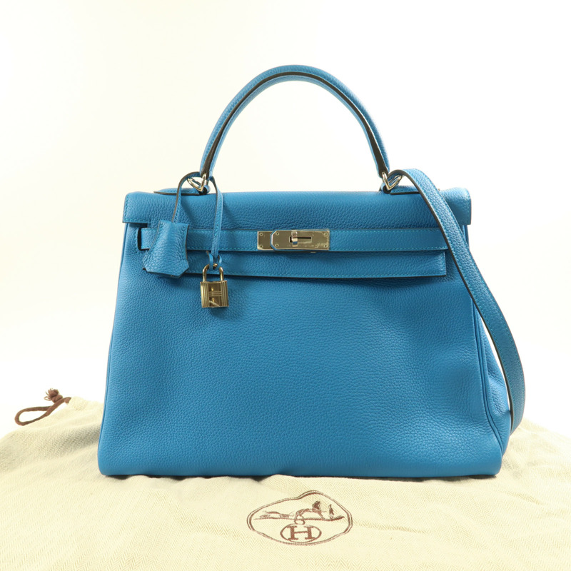 HERMES Clemence皮革Kelly 32銀扣手挽肩背兩用袋Bleu Zanzibar藍色-13