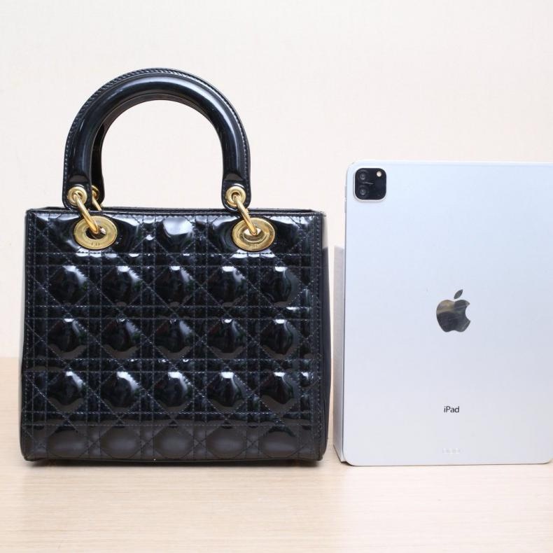 DIOR(迪奧) Lady Dior 戴妃包 五格 黑色 漆皮 金扣 2010-2