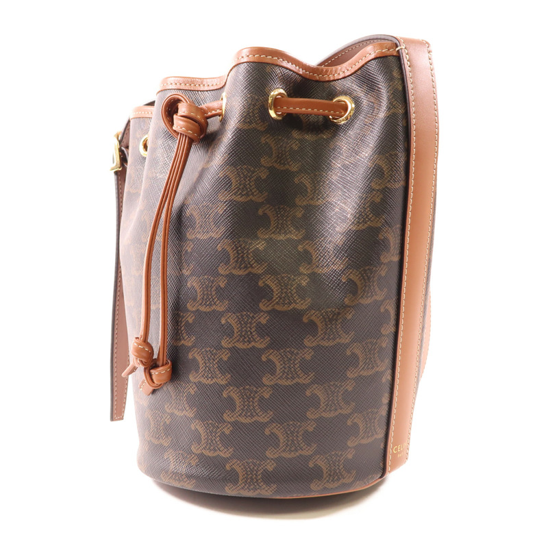 CELINE 塗層帆布Triomphe Drawstring Small Bucket金扣肩背袋-2