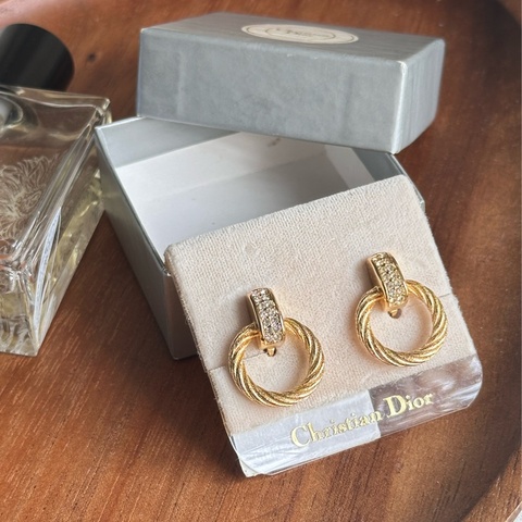 Vintage Christian Dior 閃石紐紋花圓環耳夾