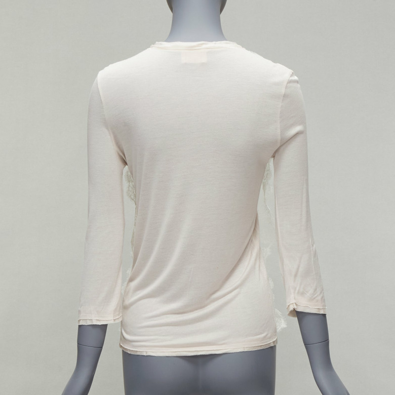 LANVIN off white lace overlay asymmetric cropped 3/4 sleeve top FR32 XXS-4