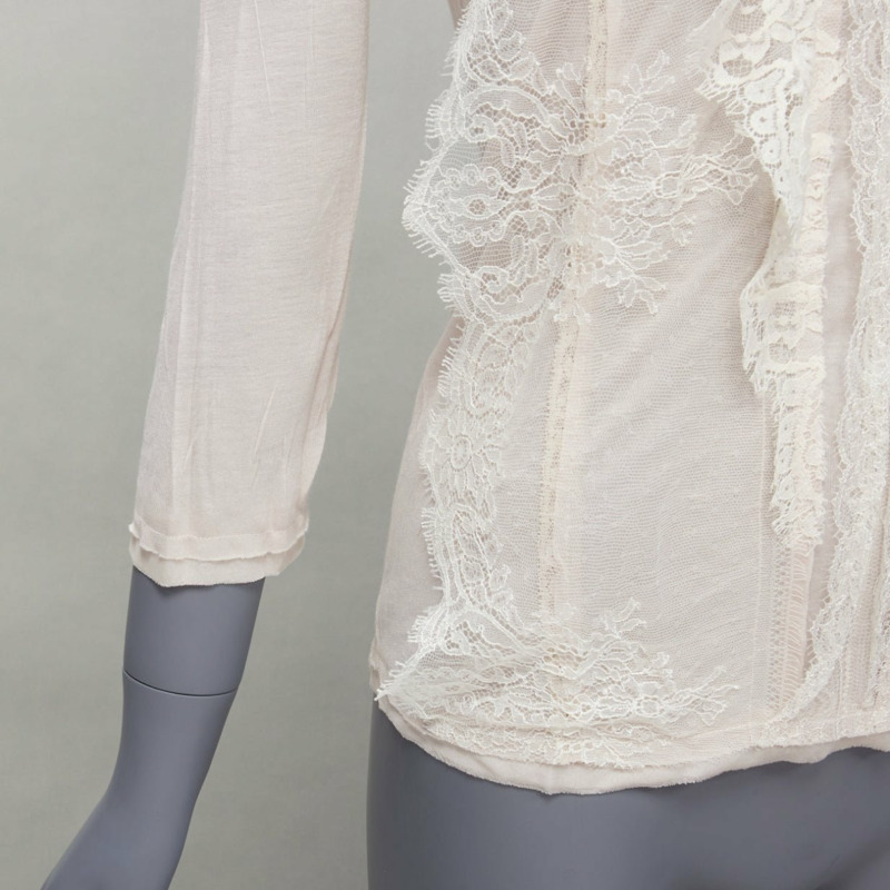 LANVIN off white lace overlay asymmetric cropped 3/4 sleeve top FR32 XXS-7
