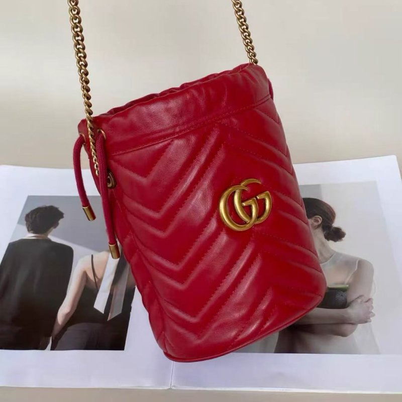 gucci 紅金marmont mini 抽繩水桶包17*12.5cm,底部有些微痕跡 98新 配件塵袋-1