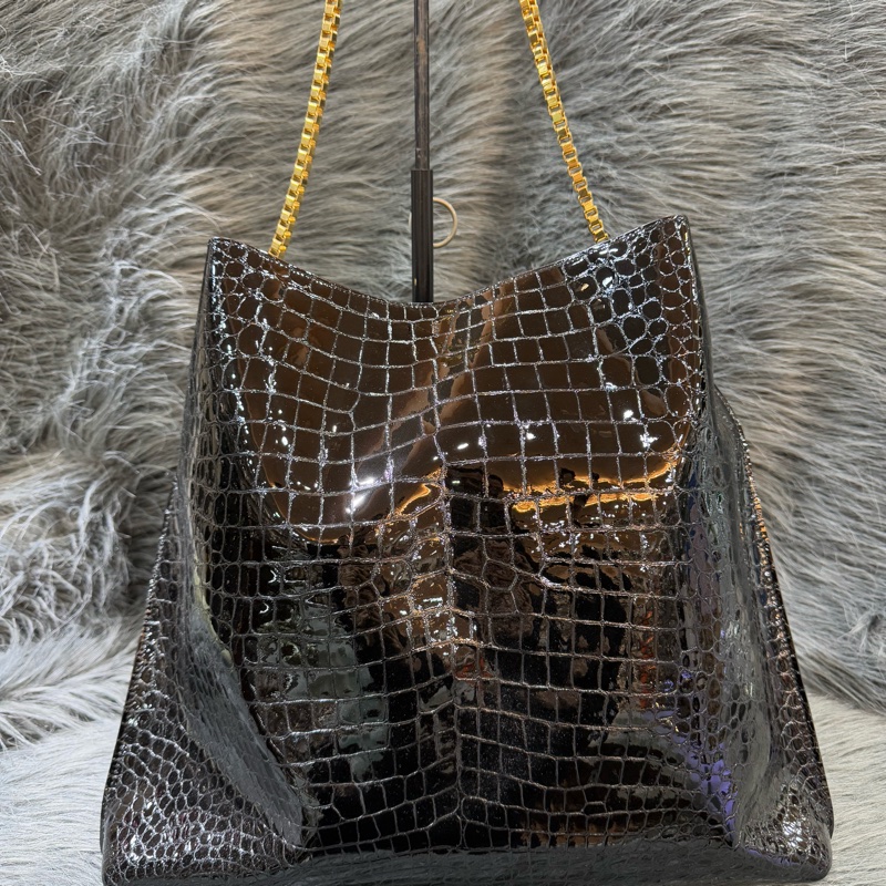 YSL 634804 黑 漆皮 鱷魚紋 金鍊 托特包 肩背包 購物包 BOOKTOTE-0