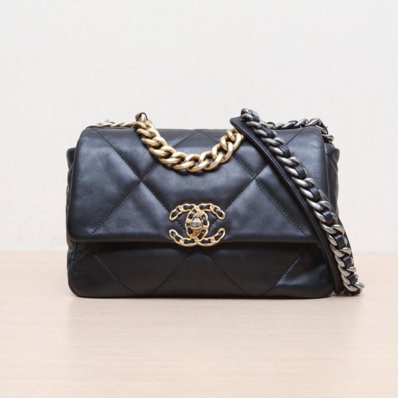 CHANEL(香奈兒) 19BAG 口蓋包 小號 26cm 黑色 30開 金銀扣-0