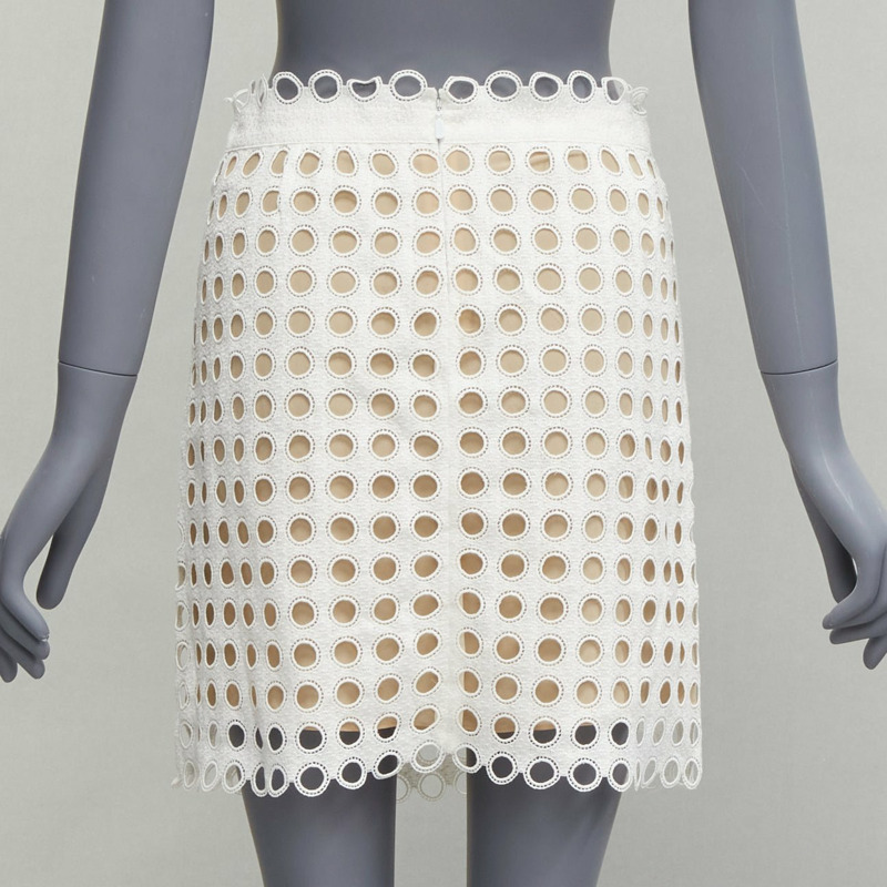 CHLOE white embroidery anglais eyelet layered silk lined skirt FR34 XS-4
