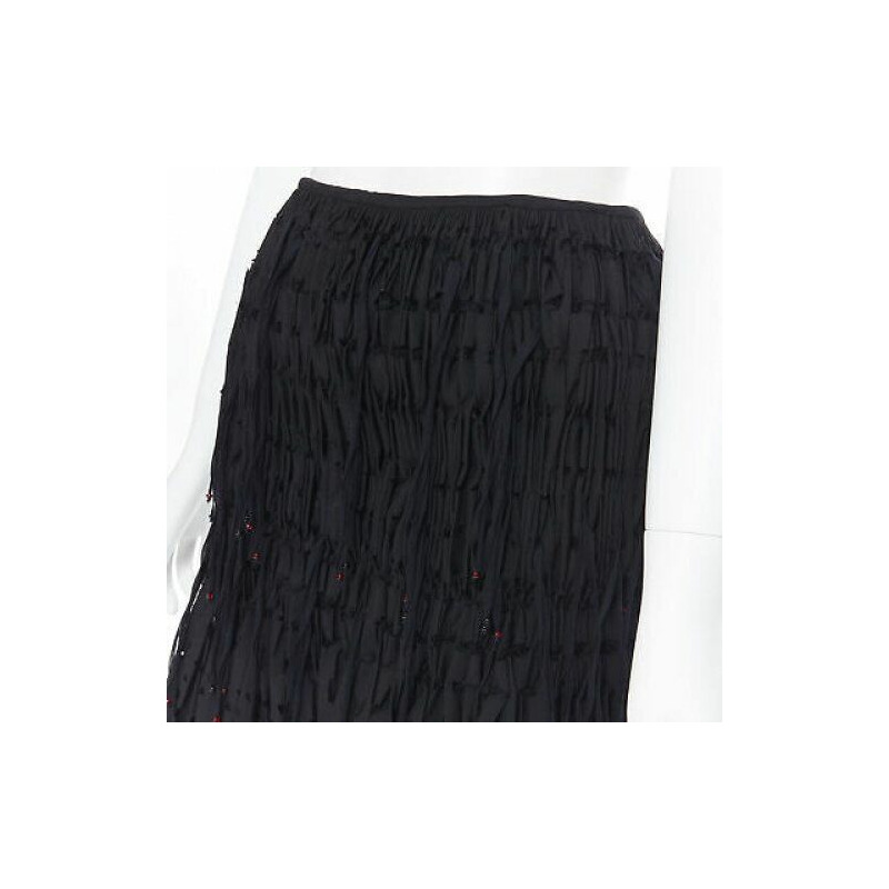 new ALAIA black geometric cut out pleated shirred red bead fringe skirt FR38 M-7