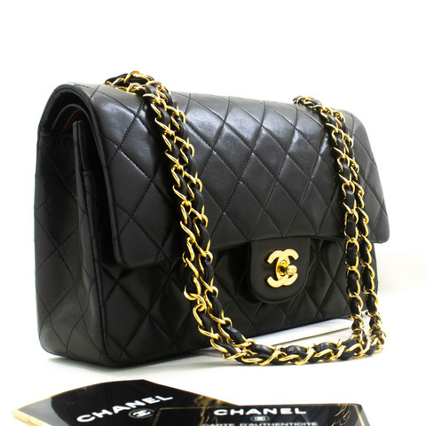 CHANEL 經典雙翻蓋 10 吋鏈條單肩包 黑色小羊皮
