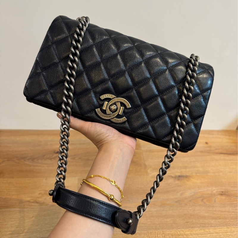 CHANEL 孟買系列 牛皮 菱格 黑銀CF 黑色 鍊條包 斜背包 肩背包 側背包 手提包-0