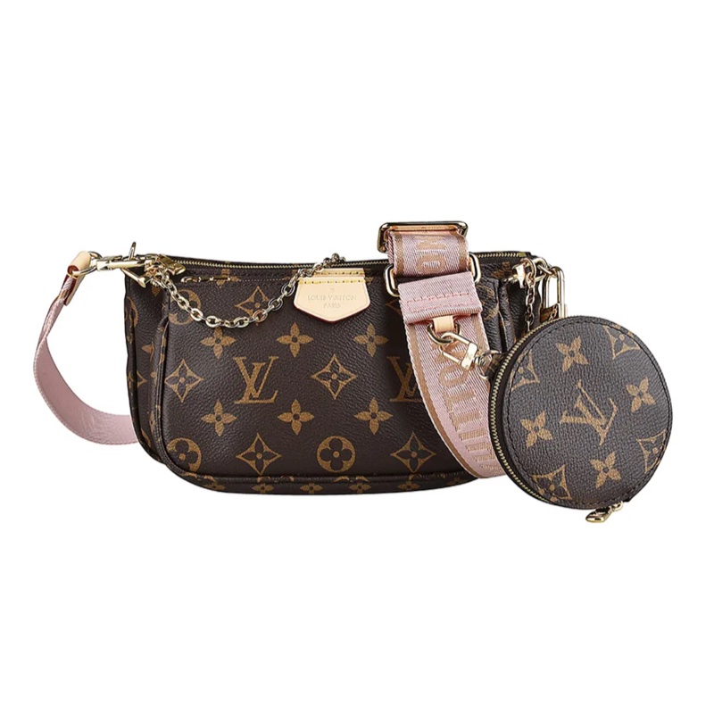 Louis Vuitton 路易威登 經典MONOGRAM花紋三合一麻將包斜背包(棕褐x粉紅)-0