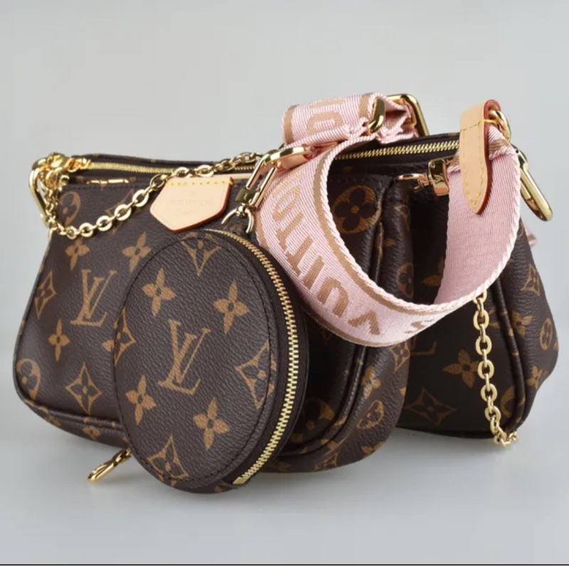 Louis Vuitton 路易威登 經典MONOGRAM花紋三合一麻將包斜背包(棕褐x粉紅)-3