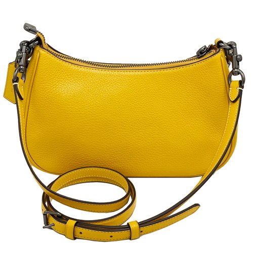 【全新】COACH 霧黑金屬素面牛皮肩斜背兩用彎月包(果黃)-2