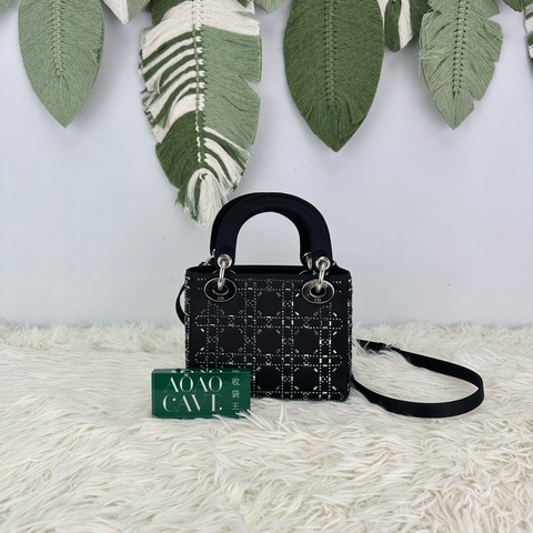 DIOR Mini Lady 黑銀絲綢水鑽戴妃包 手提 斜肩包