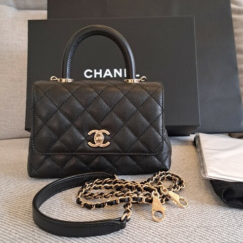 Chanel 香奈兒 coco handle mini 黑色荔枝皮*金logo芯片款