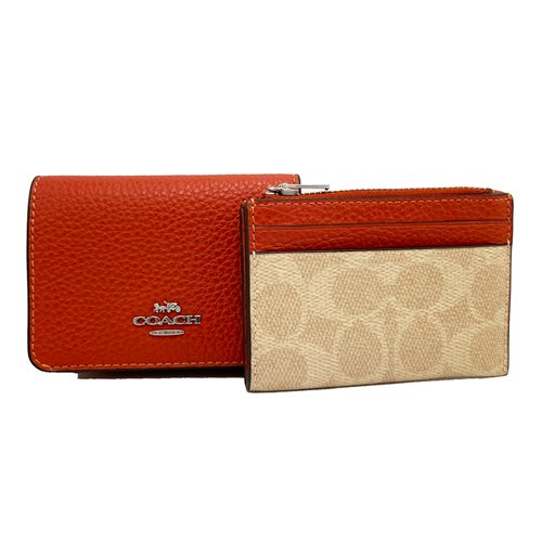 【全新】COACH 素面牛皮拉鍊零錢袋2合一短夾(赤茶橘)-0
