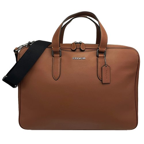 【全新】COACH 素面滑面牛皮男中性款手提斜背兩用筆電公事包(咖)-0