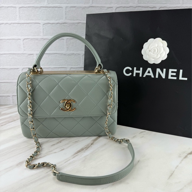 香奈兒Chanel 23C Trendy CC light gray 淺灰綠/莫蘭迪色 金釦 手提/斜揹-0