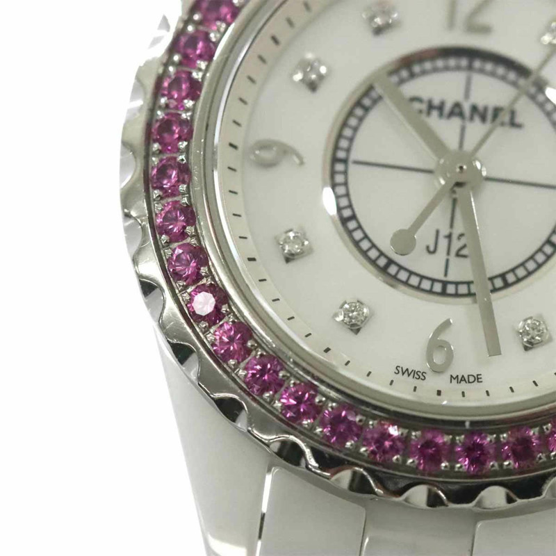 香奈兒 CHANEL J12 29mm H3243 女士腕錶 粉紅藍寶石錶圈 8P 鑽石白色貝殼陶瓷石英-6