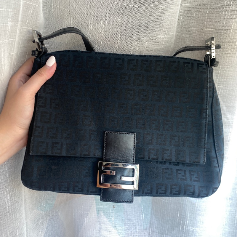 Fendi Vintage Baguette 稀有藍黑 銀扣 經典大法棍 老花-0