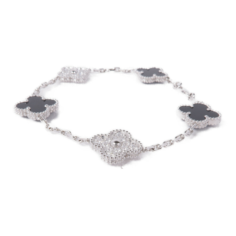 Van Cleef & Arpels 18K白金Vintage Alhambra 5 Motifs鑽石/縞瑪瑙手鏈-1