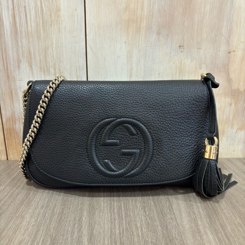 GUCCI 336752 黑色 荔枝皮 GG SOHO 流蘇包 斜背包 相機包 肩背包 馬鞍包 航空包