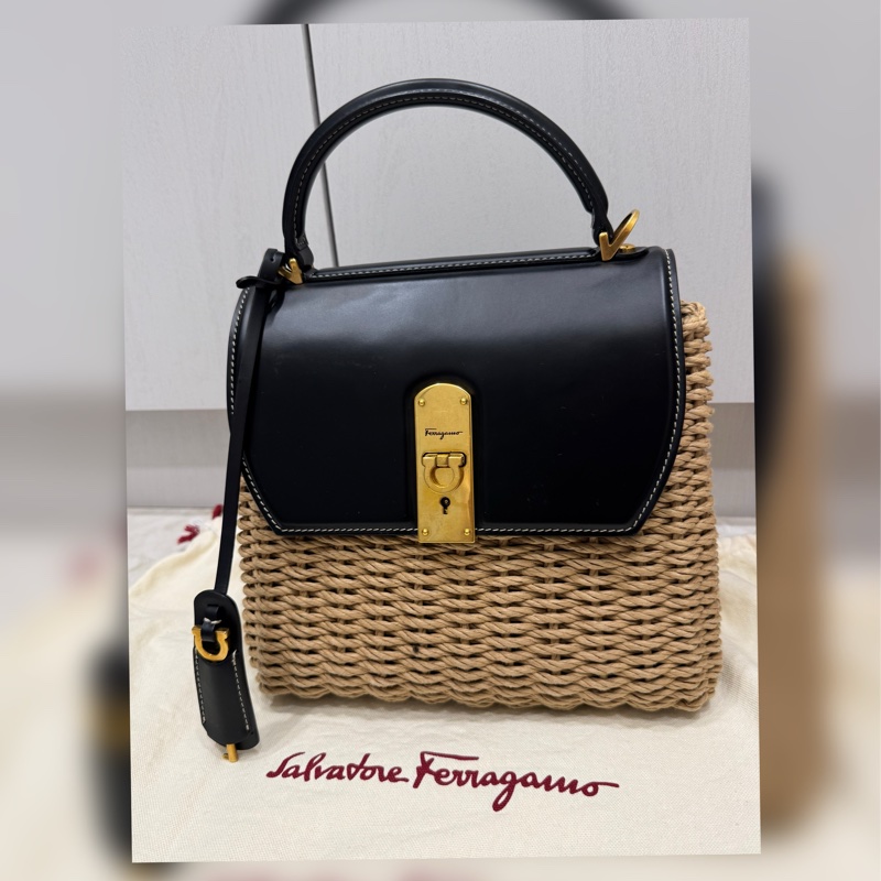 Salvatore Ferragamo 費拉格慕 黑色 牛皮 藤編 兩用包-6