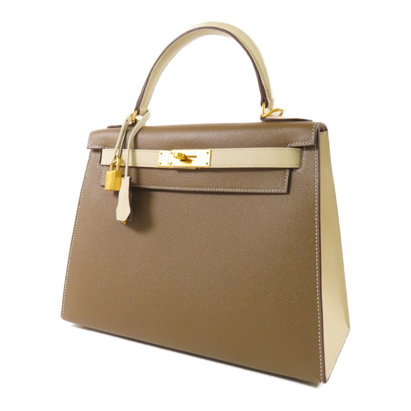 HERMES Epsom皮革Kelly 28金扣手挽肩背兩用袋18 Etoupe/Cream-2