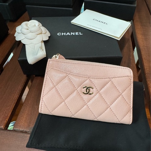 Chanel 櫻花粉金扣 L型 拉鍊卡夾