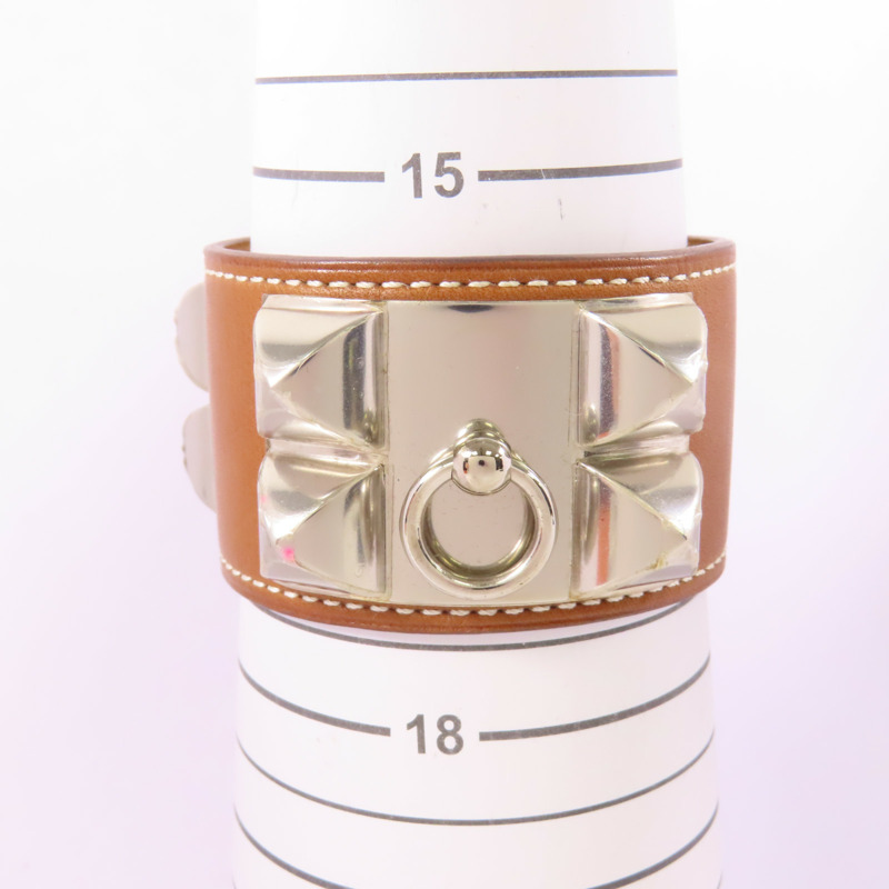 HERMES Swift皮革Collier de Chien銀扣手鐲Gold-9