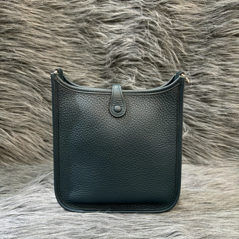 HERMES MINI EVELYNE 16 TC皮 松柏綠色 銀釦 肩背包 斜背包 藍黑白咖織帶背帶-3