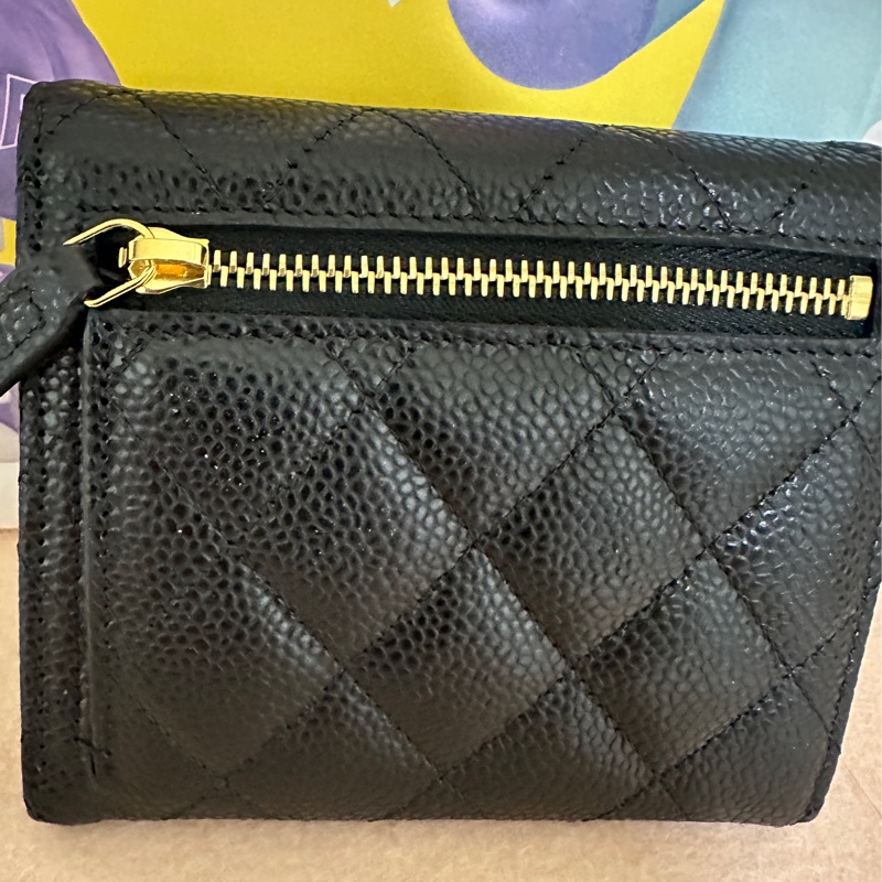 香奈兒Chanel 三折短夾 荔枝牛皮黑金-5