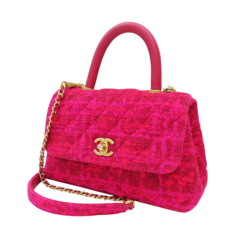 粉紅斜紋軟呢 菱格紋 荔枝紋 Coco Handle 肩背【CHANEL 香奈兒】 A92990-1