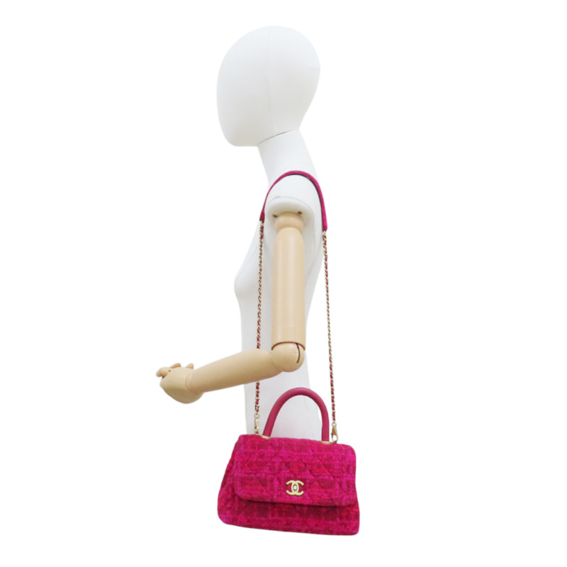 粉紅斜紋軟呢 菱格紋 荔枝紋 Coco Handle 肩背【CHANEL 香奈兒】 A92990-12