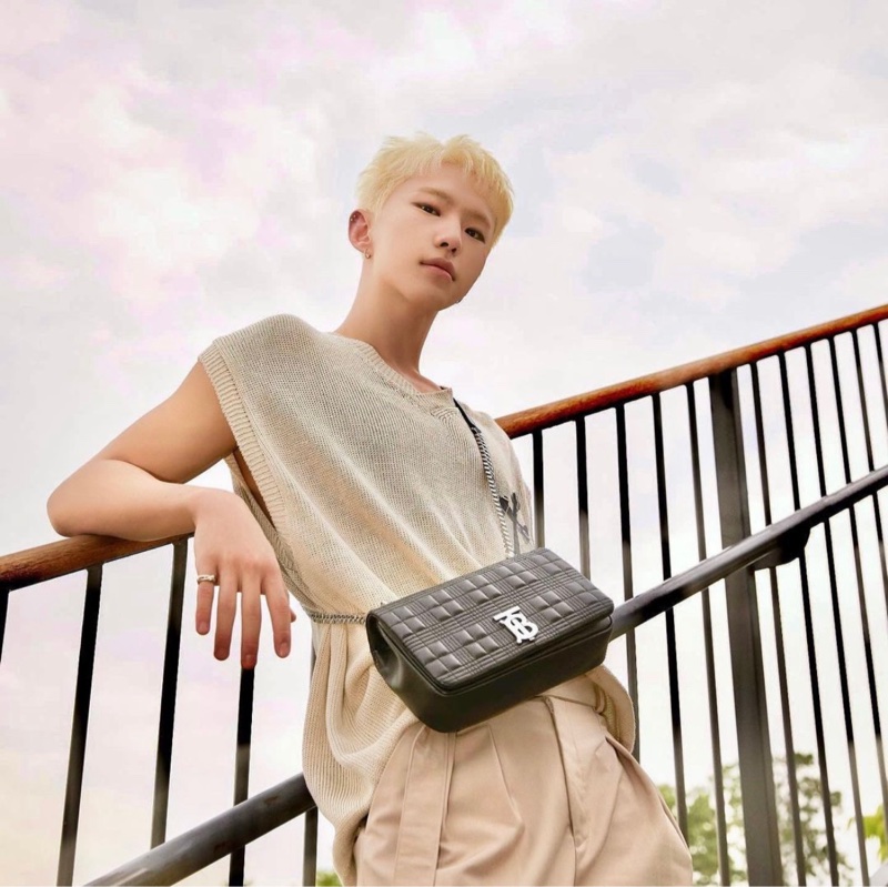 Burberry LOLA TB銀字LOGO格紋衍縫設計真皮皮釦式鏈帶肩背/斜背包（中/黑）23cm-1